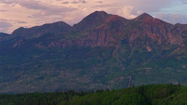 Marcellina Mountain Kebler Pass Lost Lake campground campsite vibrant sunset golden hour spring summer aerial drone Crested Butte Colorado Ruby Peak Paonia Gunnison National Forest parallax left