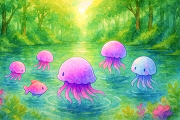 森の川を漂うクラゲと魚