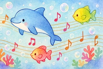 音楽と海を楽しむイルカと魚
