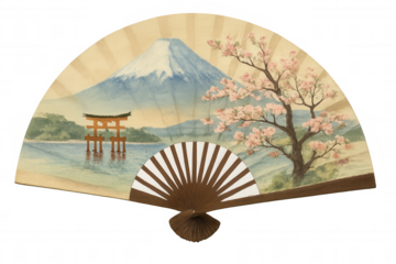 Traditional japanese folding fan displaying hand-painted mount fuji, pink cherry blossoms, wooden torii gate against clean white background