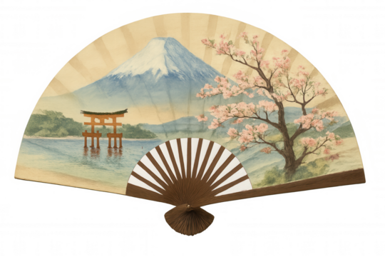 Traditional japanese folding fan displaying hand-painted mount fuji, pink cherry blossoms, wooden torii gate against clean white background
