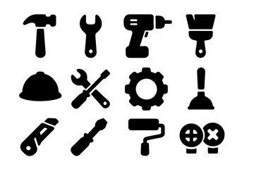 Obraz premium Construction and repair solid icons set. Tools and maintenance symbols. Hammer, wrench, drill, hard hat, paintbrush, roller, plunger and screwdriver vector glyphs.