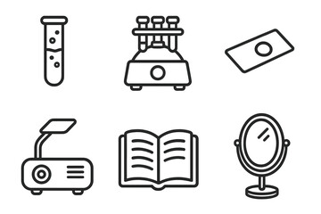 Science and education linear icons set. Lab equipment vector symbols. Test tube, centrifuge, microscope slide, document camera, open book, mirror line art illustration.