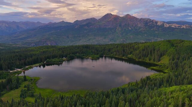 Ruby Peak Lost Lake Slough Campground Three Lakes Trail Kebler Pass aerial drone Crested Butte Colorado sunset golden hour spring summer Paonia Gunnison Forest Marcellina Mountain backwards motion