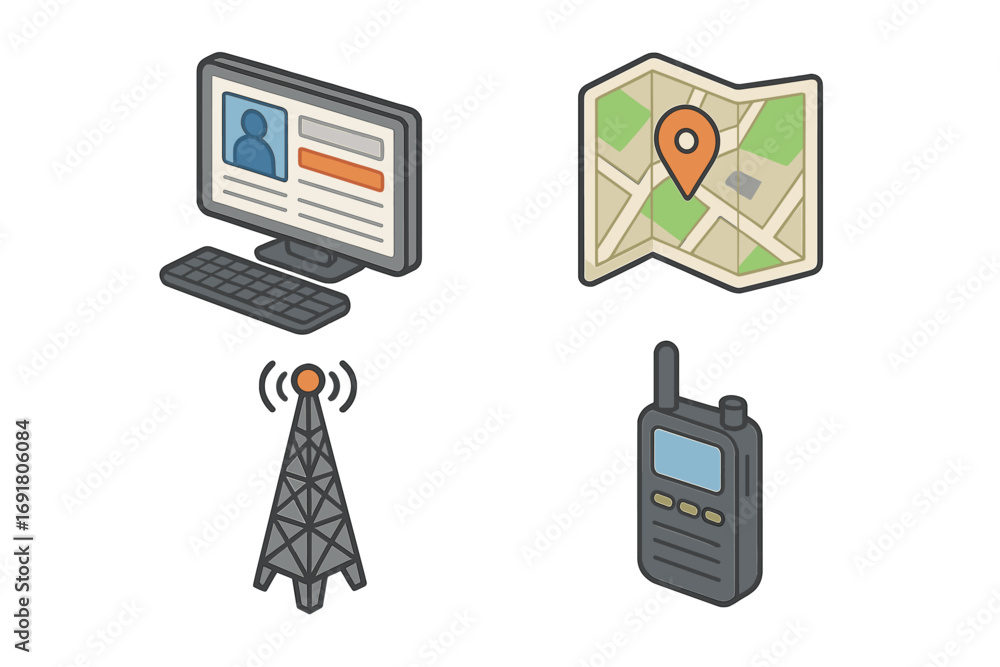 Poster dispatch center icon set isometric vector. logistics and transport command center elements. gps map 