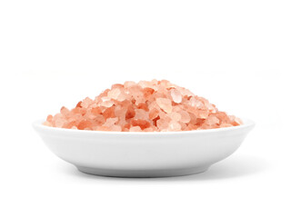 Himalayan pink salt in white bowl isolated on white background