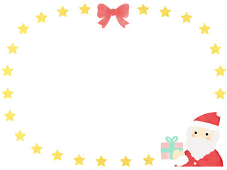Santa Claus in Gold Star Oval Frame with Red Ribbon Christmas Illustration