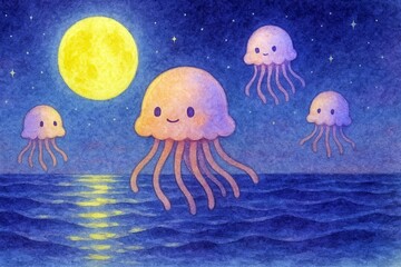 月夜に漂うクラゲたち
