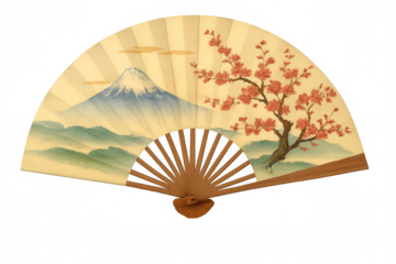 Traditional japanese fan with mount fuji and cherry blossom painting, isolated on transparent background, representing japanese culture and art