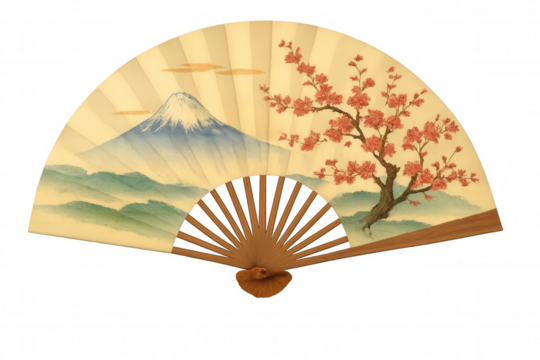 Traditional japanese fan with mount fuji and cherry blossom painting, isolated on transparent background, representing japanese culture and art