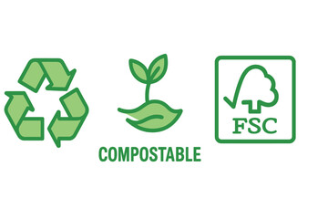 Eco-friendly icon set with recycle symbol, compostable logo, and FSC certification badge. Vector graphic for sustainable packaging labels and environmental conservation concepts.