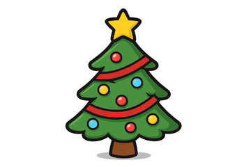 Cartoon Christmas tree vector illustration. Cute decorated Xmas pine with star and colorful balls. Festive holiday icon for winter celebration, greeting card, or seasonal design.