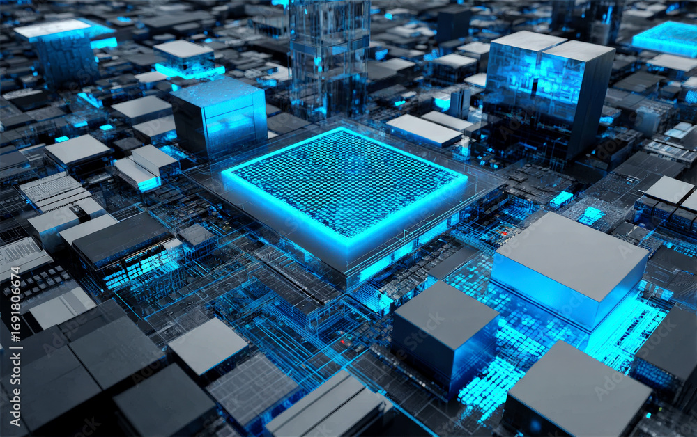 Poster high-tech circuit board with glowing central processor unit