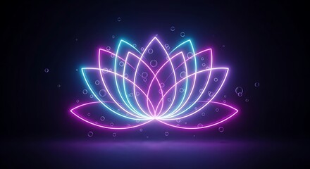 Luminous lotus flower with vibrant neon outlines on a dark background