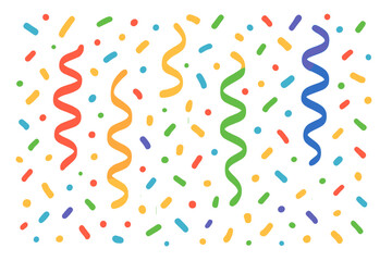 Colorful confetti and serpentine background for party celebration. Vector illustration in flat cartoon style for birthday, holiday, or carnival design. Festive explosion element.