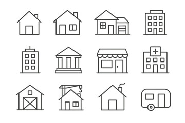 Building and real estate line icon collection. Vector symbols for construction industry. House, home, apartment, hospital, shop, bank. Editable stroke for web, app design.
