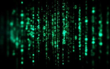 Digital code stream with green binary digits flowing on black background
