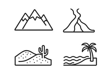Geographic landscape icon set. Outline symbols of nature environments. Mountain range, river delta, desert with cactus, and tropical beach with palm tree vector illustration.