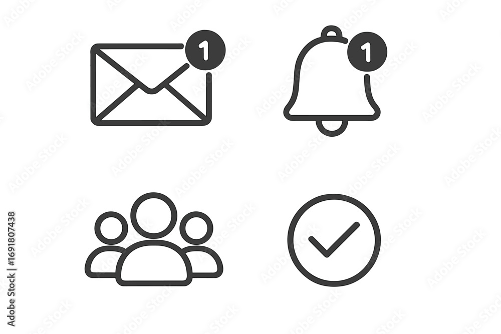 Poster notification icon set for ui ux design. mail message, bell alert, user group, success check mark. ve