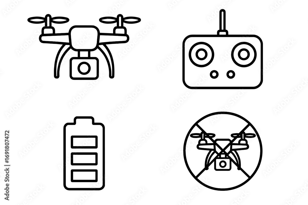 Poster drone icon set in a linear style. quadcopter with camera, remote controller, battery charge indicato