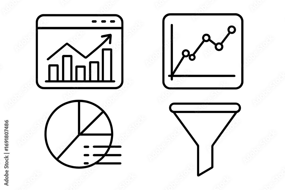 Aufkleber data analysis linear icon set for business. analytics dashboard with chart and graph. vector symbols