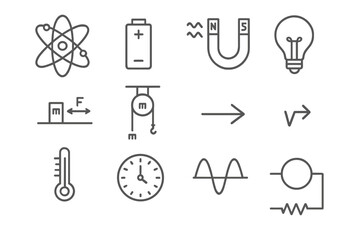 Physics icon set. Science and engineering symbols collection. Minimal line icons. Atom, magnet, battery, force, pulley, thermometer, wave, circuit. Education vector.
