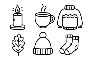 Cozy winter and autumn icon collection. Hygge lifestyle elements for comfort. Set with candle, hot drink, sweater, leaf, hat, socks. Minimalist outline doodle vector graphic.