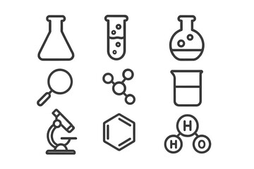 Science icon set. Minimalist line art of lab equipment and chemistry symbols. Vector illustration for research, education, and technology. Laboratory glassware, molecule, microscope.