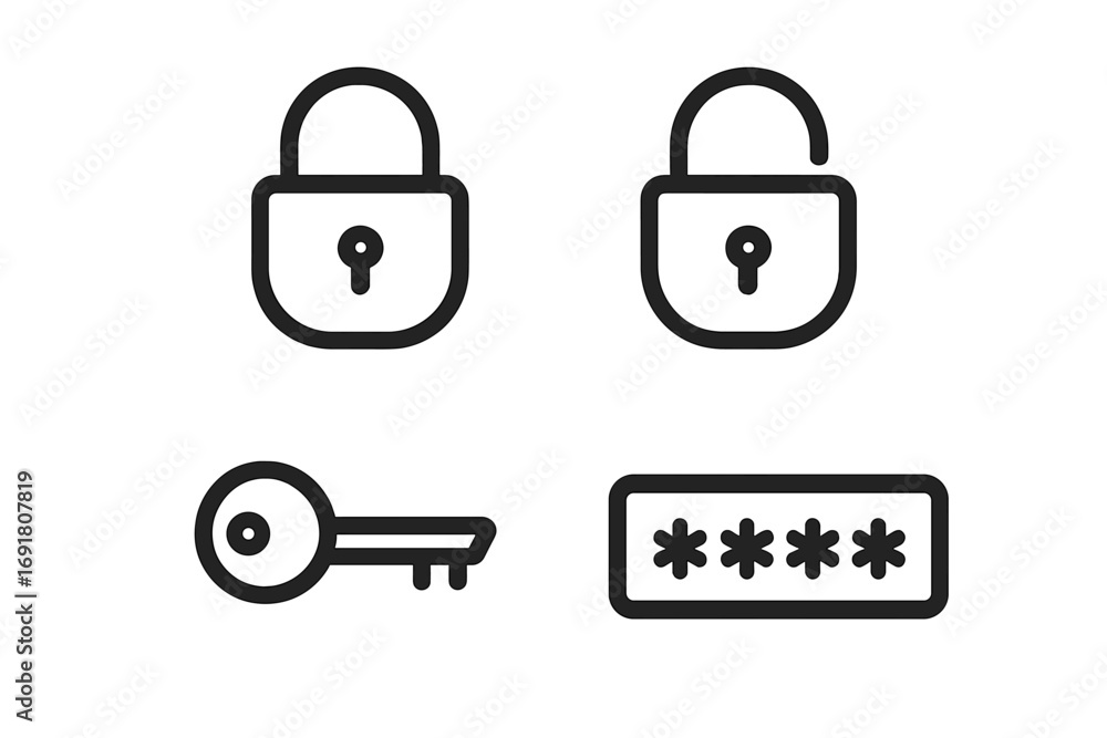 Poster minimalist security line icon set. vector symbols of lock, unlock, key, password. concepts for login
