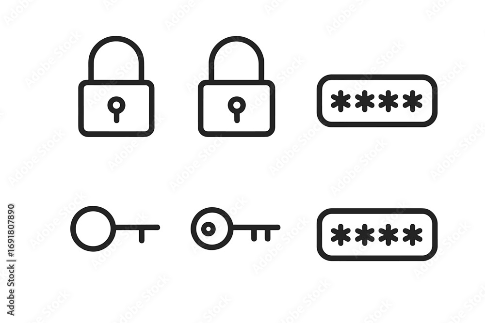 Poster minimalist security icon set with padlock, key, and password field. vector line art for login, authe