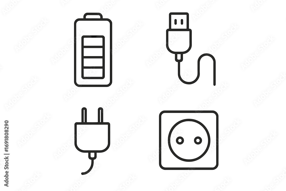 Aufkleber power and charging thin line icon set. battery level indicator, usb data cable, wall charger adapter