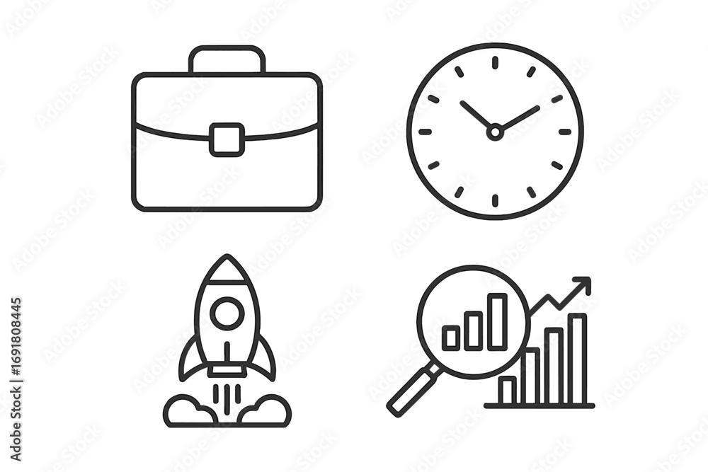 Aufkleber business management and startup success thin line icon set. includes briefcase, clock for time manag