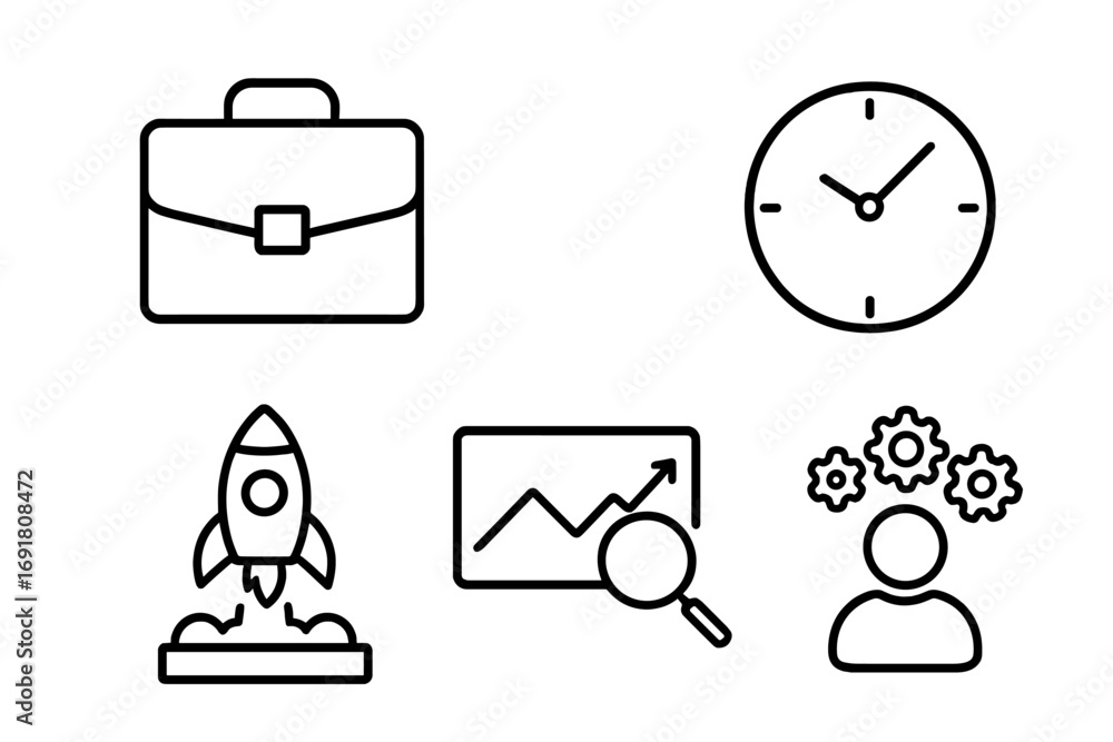 Poster business line icon set for startup and project management. includes concepts for career growth, data