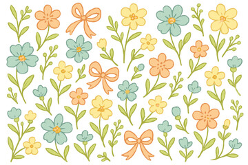 Cute floral seamless pattern with delicate flowers and bows in soft pastel colors. Hand-drawn vector cartoon illustration. Great for textile, wallpaper, scrapbooking, or kids nursery decor.
