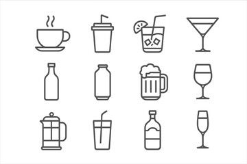 Drink and beverage line icon set. Collection of minimalist symbols for coffee, tea, beer, wine, cocktails, and soft drinks. Editable stroke vector for bar menu or app design.