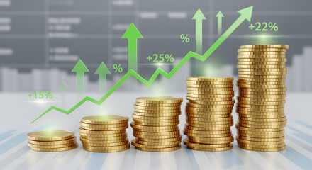 Financial growth concept with rising gold coin stacks and green arrows