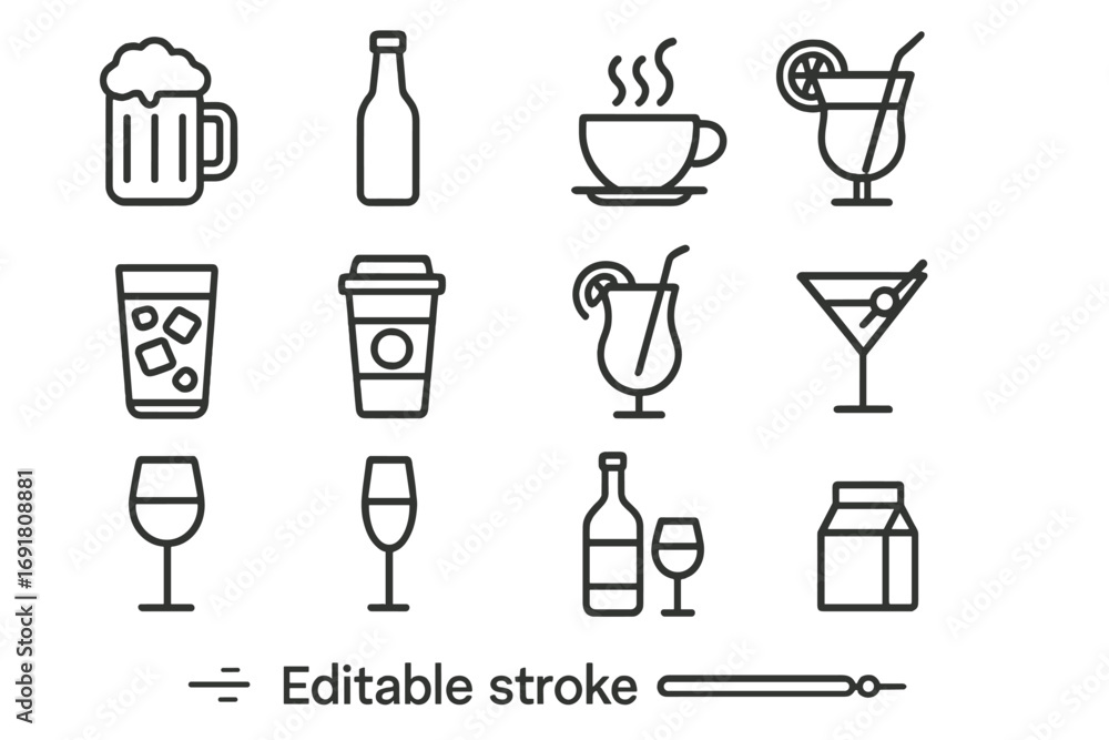 Poster drink and beverage line icon set. vector symbols collection for web and app design. includes icons o