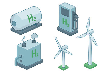 Isometric renewable energy icons set with hydrogen storage tank, hydrogen fuel pump, hydrogen generator, and wind turbines. Vector cartoon illustration of clean sustainable power technology.