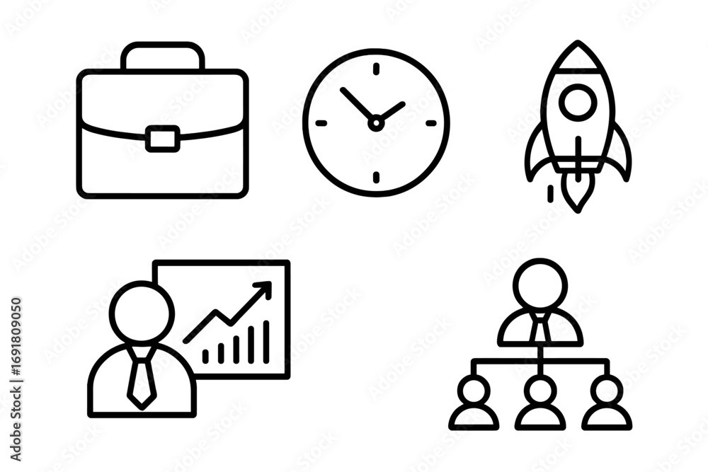 Aufkleber business line icon set vector. startup rocket launch. time management clock. corporate structure hie