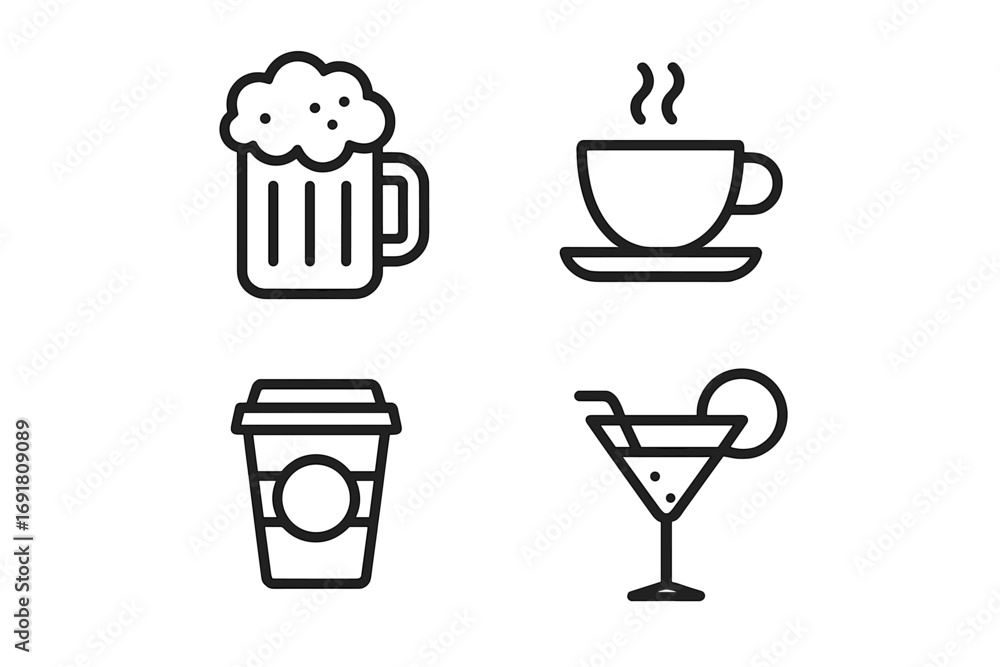 Poster simple drink line icons collection. vector beverage symbols for a cafe or bar menu. outline graphic 