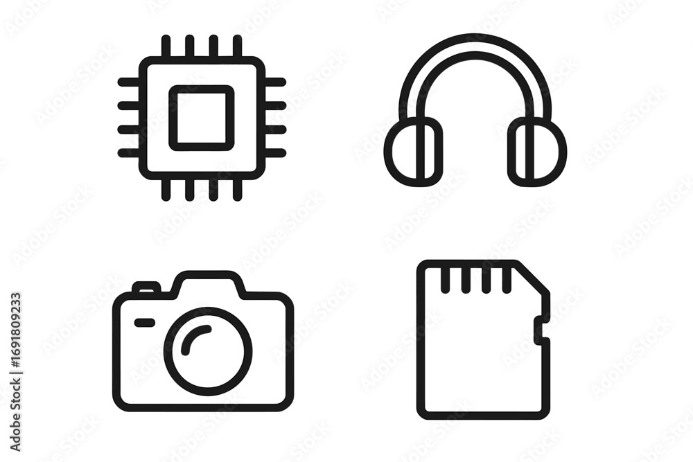 Aufkleber technology icon set with chip, processor, camera, and memory card. minimalist outline symbols for we