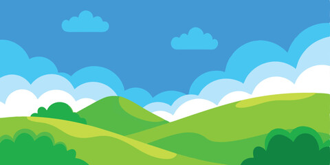 Obraz premium Rolling green hills under a blue sky with fluffy clouds landscape nature.