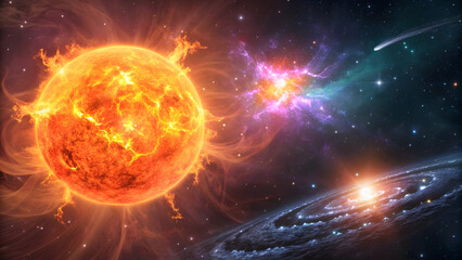 Vivid Orange and Yellow Stellar Explosion with Purple and Teal Nebula Cosmic Scene Featuring a Spiral Galaxy and Comet