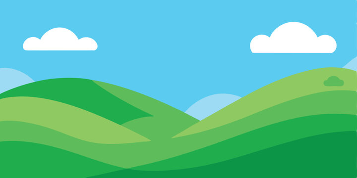 Rolling green hills under a bright blue sky with fluffy white clouds vector.