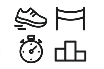Minimalist athletics icons including running shoes, finish line banner, stopwatch timer, and winner podium. Sports competition elements set. Vector cartoon style with transparent background.