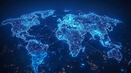 A glowing blue digital map representing the world and its connections