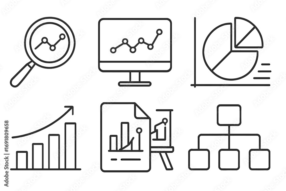 Poster data analysis and business analytics linear icon set. vector outline symbols for big data, statistic