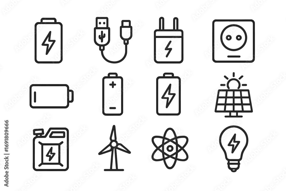 Poster energy and power line icon set. vector collection of electricity symbols for ui and ux design. edita