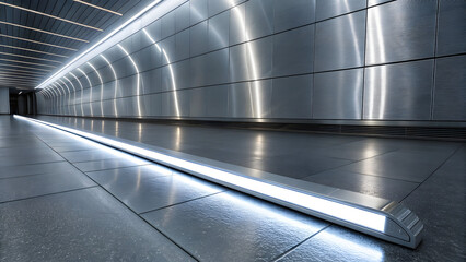Bright White L E D Strip Light in Modern Silver Metal Tunnel Corridor with Reflective Floor Tiles and Brushed Steel Walls