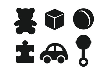 Minimalist baby toys icon set. Simple black silhouettes of a teddy bear, block, ball, puzzle piece, car, and rattle. Flat vector graphic collection for childhood design.